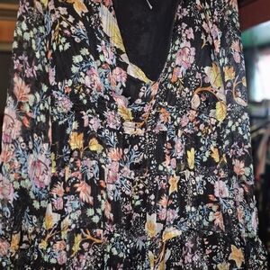 Free People Black Plunge Neck Bishop Sleeve Dress